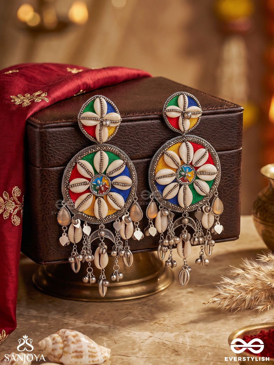 Pingakshi – Golden-Eyed – Tribal Statement Earrings With Cowrie Shell Florals, Multicolour Enamel And Oxidised Danglers