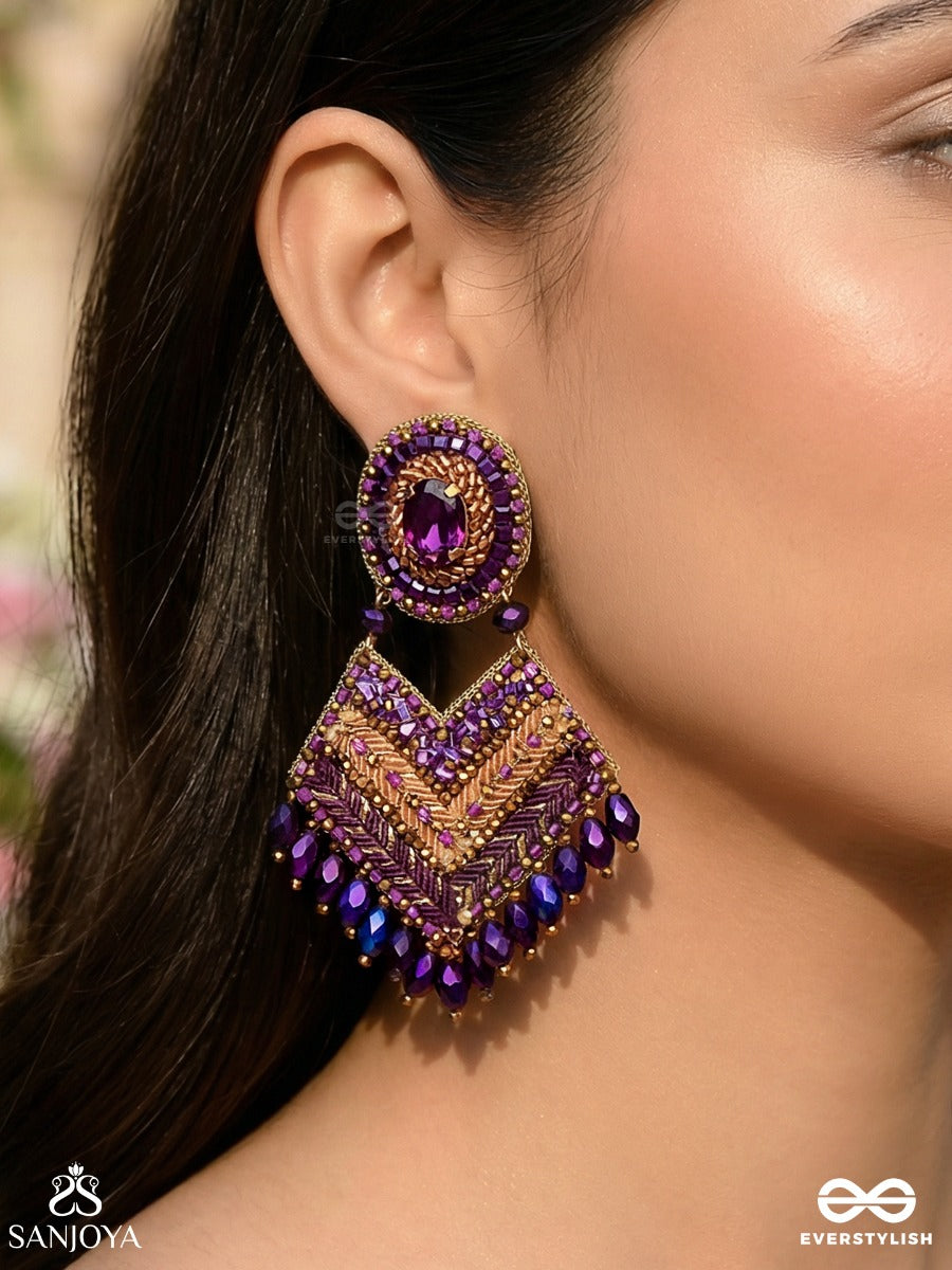 Ratriraja - The Dark Radiance - Stone, Glass Drop And Cut Dana Embroidered Earrings