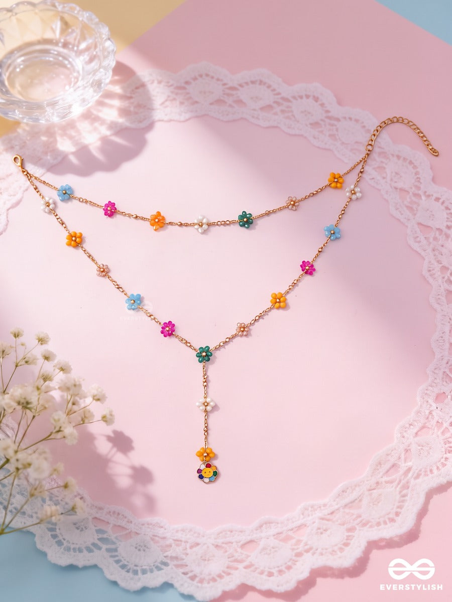Bloom Carnival – Layered Gold-Tone Necklace With Multicolour Floral Accents
