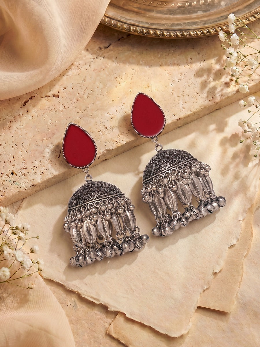 Rajmohini – Oxidised Jhumka Earrings With Ruby Teardrop Studs, Coin Charms And Ghungroo Fringe