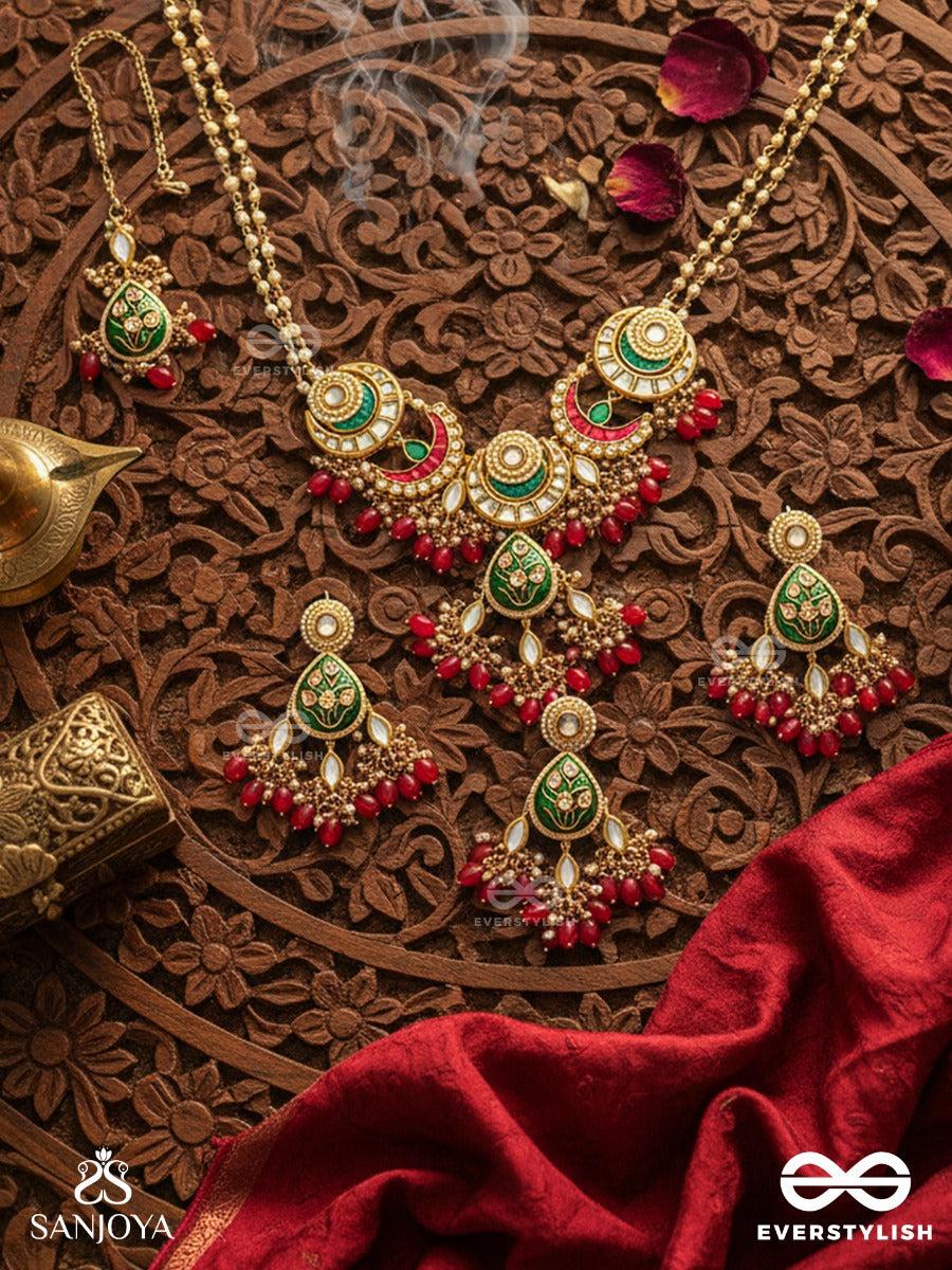 Sindurya - Scarlet Rays - Grand Crescent Kundan Set With Neckpiece, Earrings And Maangtika