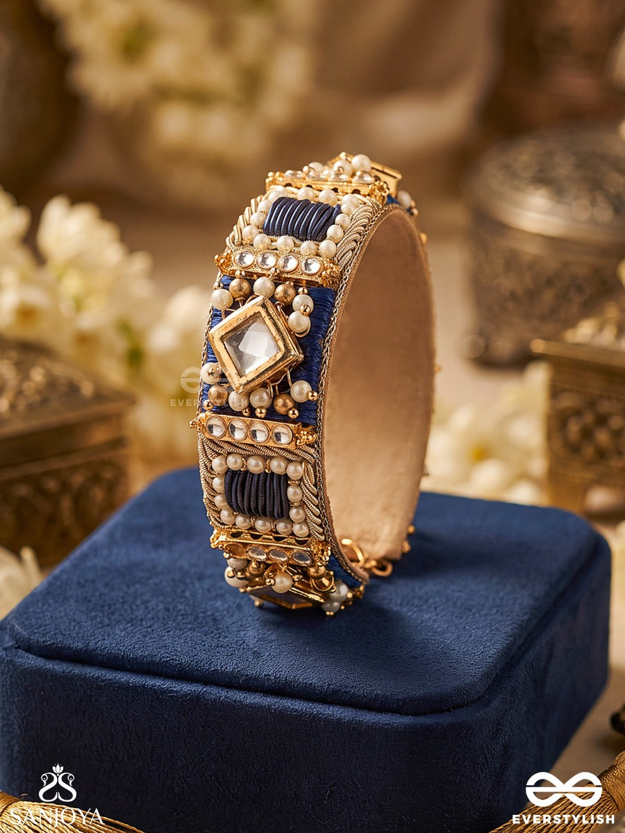 Mayukh – Ray Of Light – Heritage Bangle (Single) With Navy Threadwork, Mirror Kundan Motifs, Pearl Clusters And Handwoven Golden Detailing