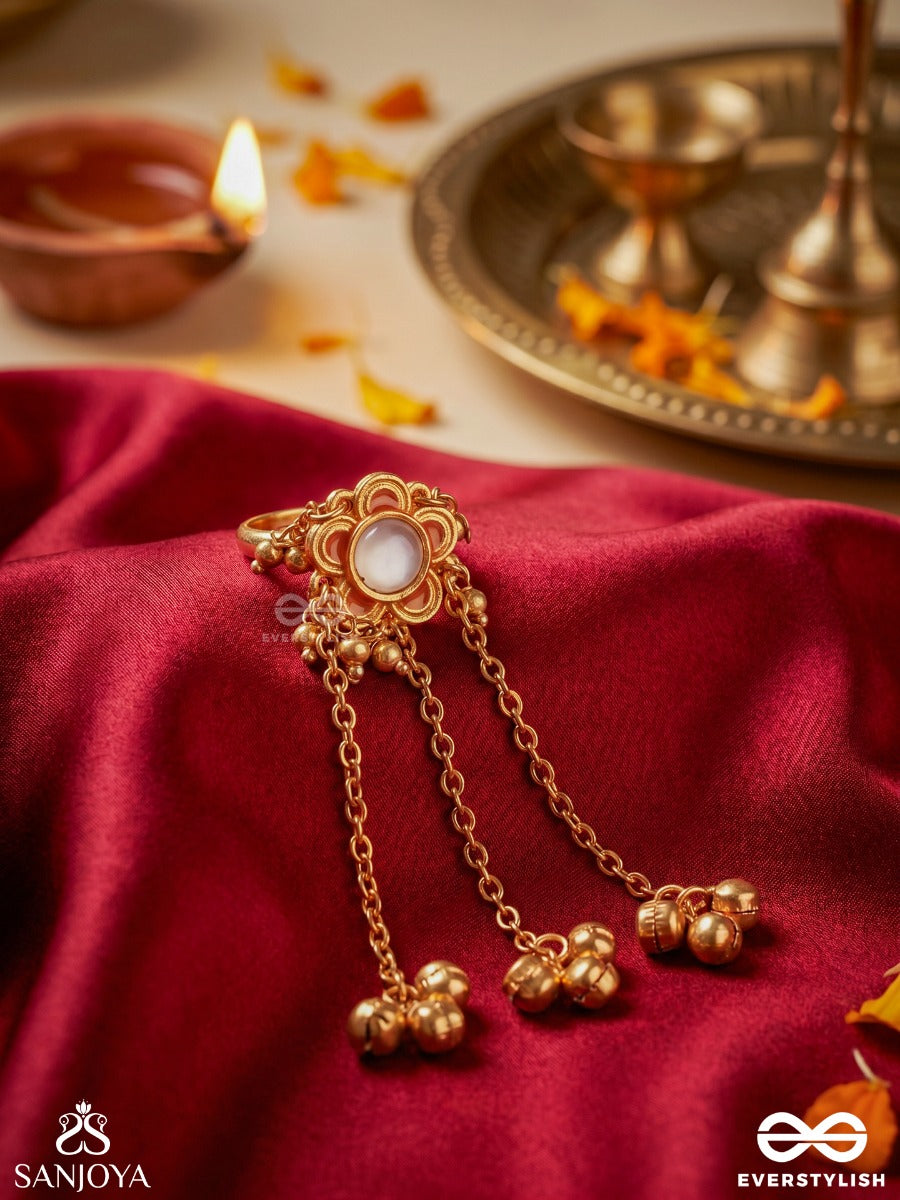 Kokilanjali – Offering Of Melody – Festive Ring With Pearl Centre, Golden Ghungroos And Flowing Chains