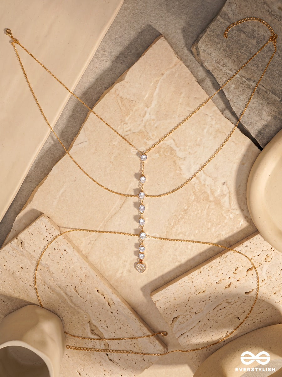 Ivory Nexus – Delicate Golden Y-Body Chain With Pearl, Floral Connector And Crystal Accents