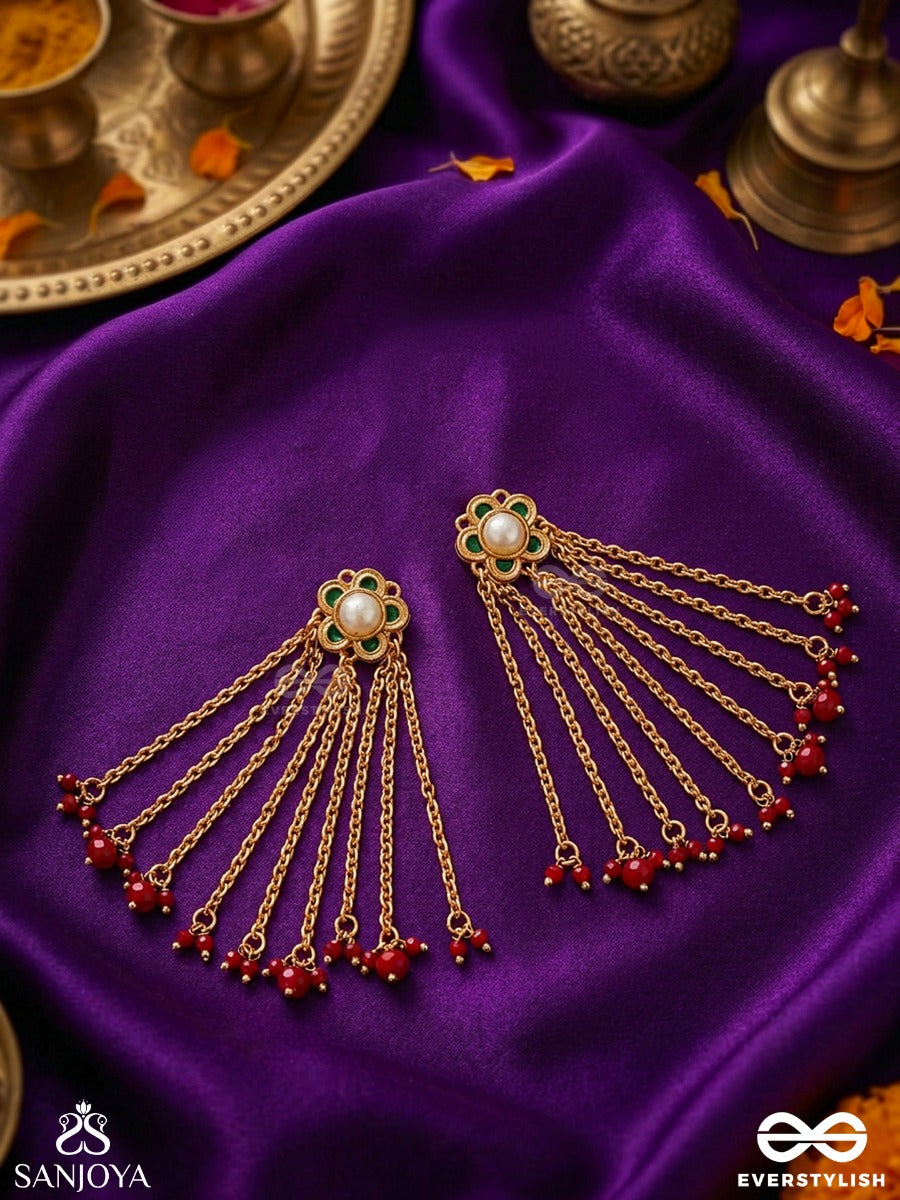 Kinjalka – Flower Filament – Heritage Earrings With Floral Mirror Tops, Cascading Golden Chains And Ruby-Red Bead Clusters