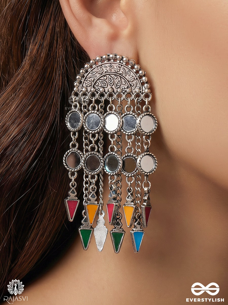 Rangmandal – Oxidised Earrings With Multicolour Enamel Charms And Mirror Details