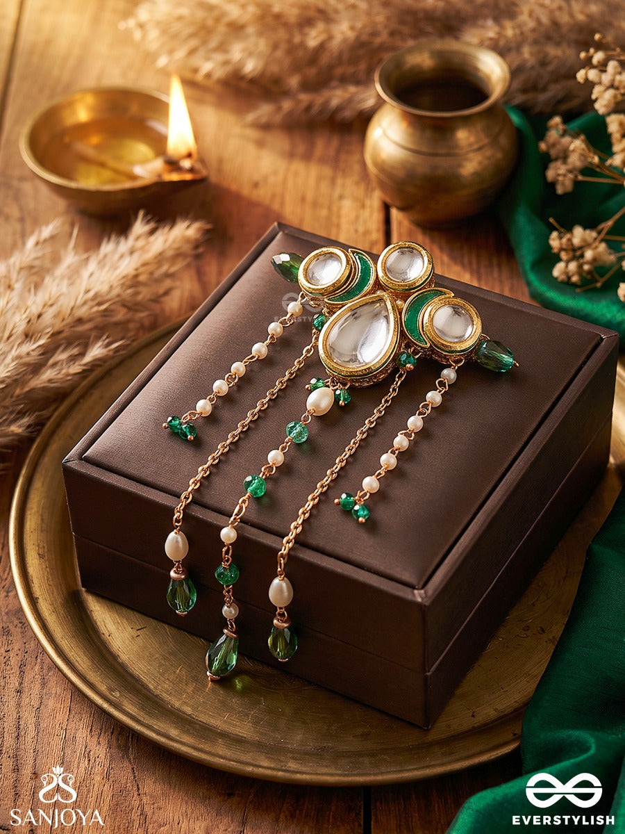 Karnapriya – Beloved Adornment – Heritage Hair Accessory With Kundan Mirror Motifs, Emerald Enamel, Pearl Chains And Aqua Drop Accents
