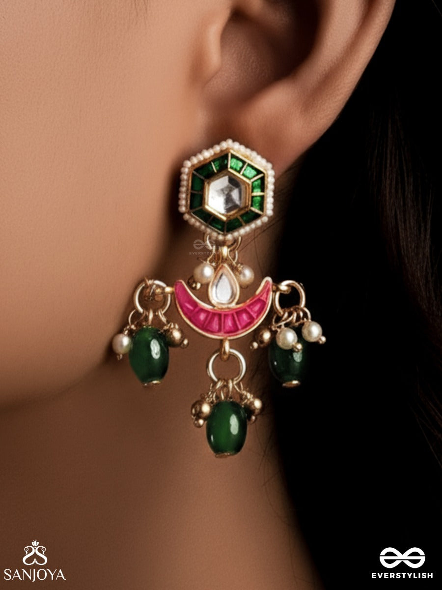 Shashiratna- Jewel Of The Moon- Kundan Earrings Inspired By The Moon's Radiance With Pearls And Green Drops