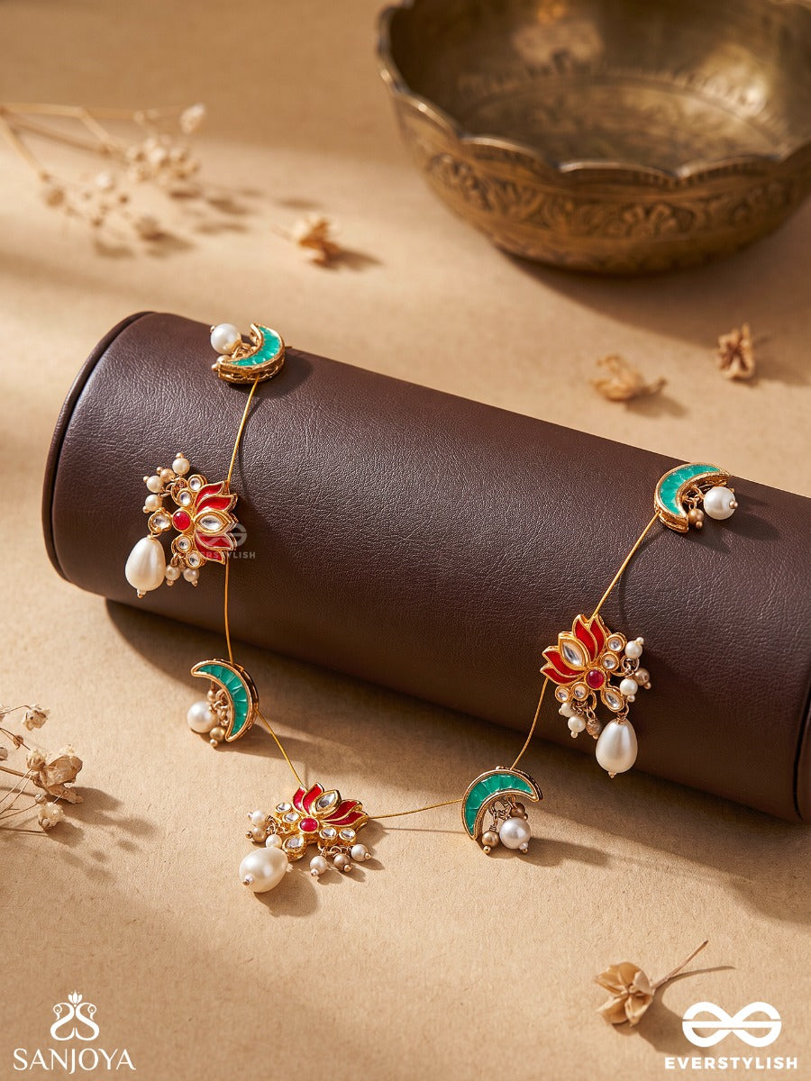 Madhurima – Sweet Grace – Heritage Necklace With Enamel Crescent Motifs, Coral Floral Clusters, Pearl Drops And Golden Detailing