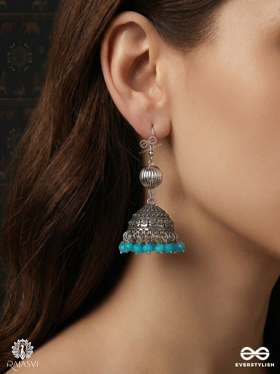 Jaldhwani – Oxidised Jhumka Earrings With Turquoise Bead Fringe And Engraved Dome