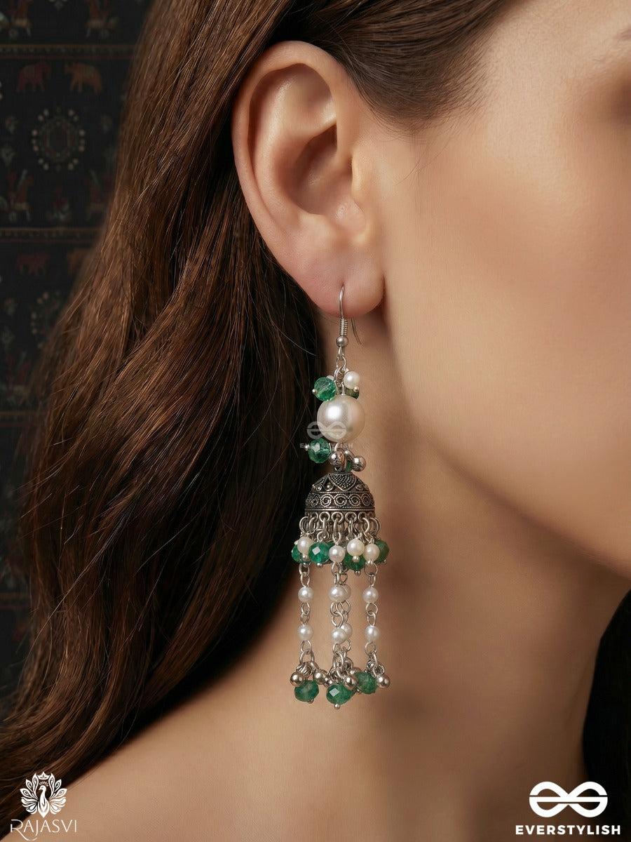Patrangi – Oxidised Jhumkas With Emerald Green Beads, Pearl Strands And Cascading Tassels