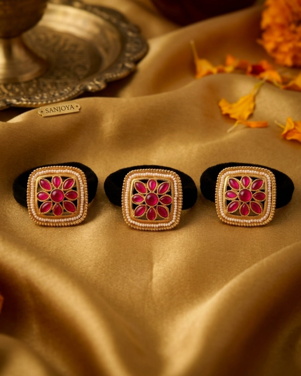 Pushkala - Abundant Beauty - Pack Of 3 Hair Accessories With Pink Floral Kundan-Style Motifs, Pearl Edging And Ornate Golden Details