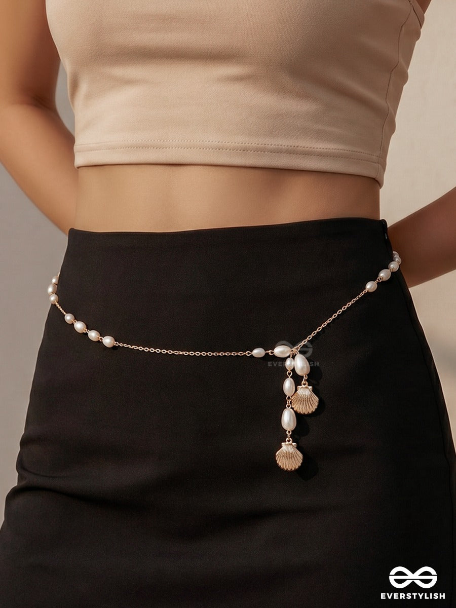Shellscape – Multiway Chain With Golden Shell Charms And Freshwater Pearls That Can Be Styled As Necklace; Scarf-Style Necklace; Waist Chain; Knot Necklace