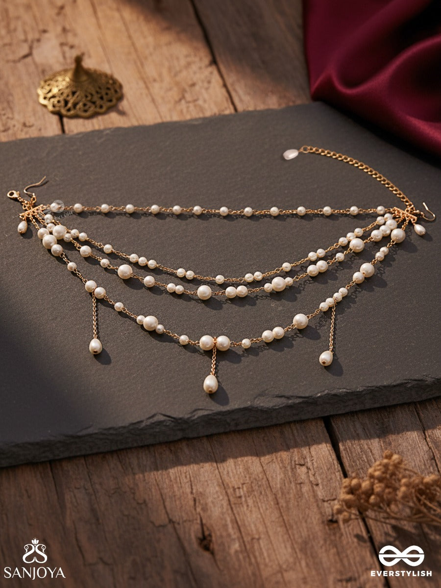 Farheen – Joyful Radiance – Multi-Purpose 3-In-1 Layered Chain With Lustrous Pearl Strands, Golden Links And Delicate Drop Accents