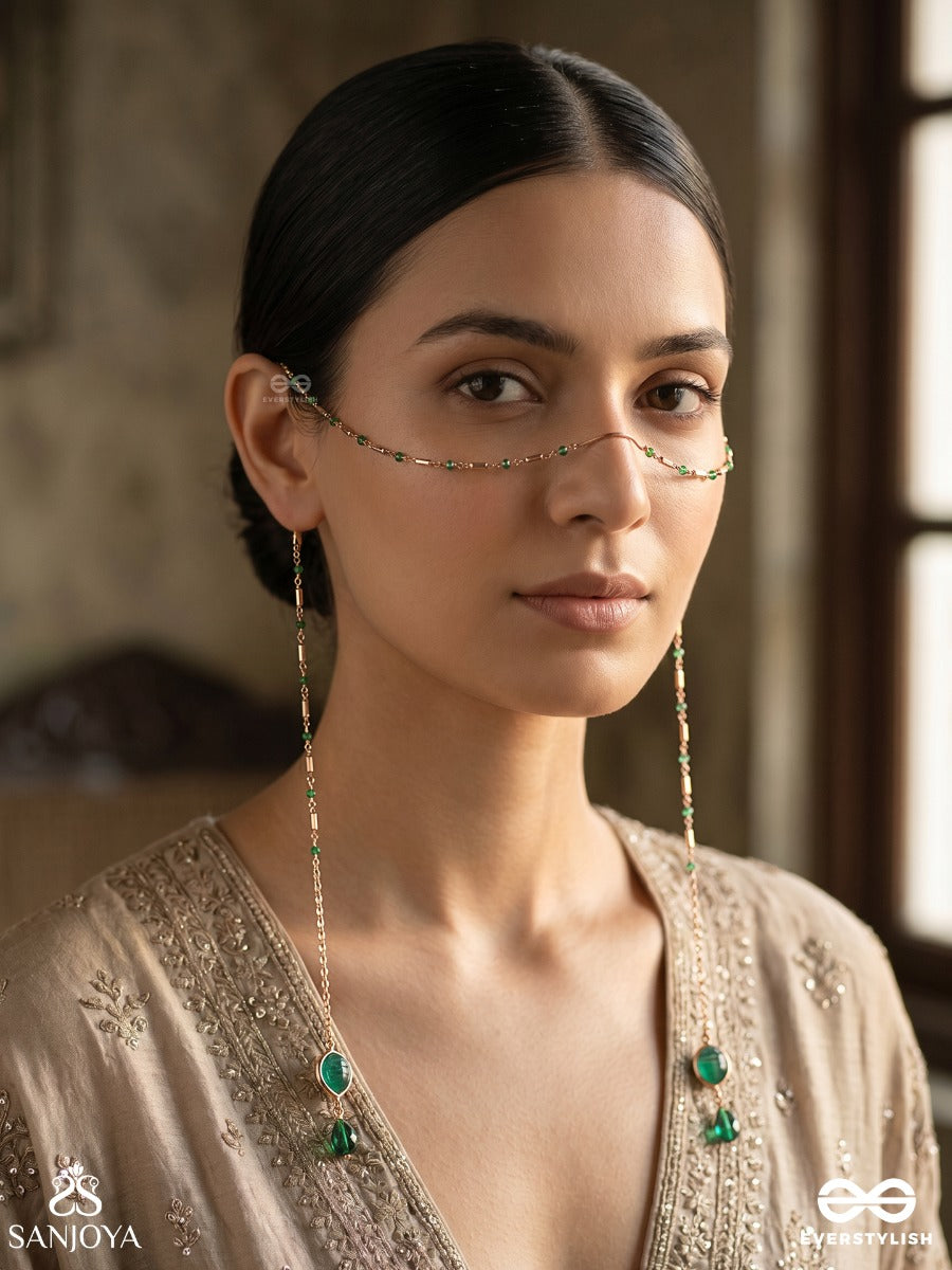 Vanarekhi – Forest Trace – Ornate Face Let With Slender Gold-Tone Chains, Green Stone End Motifs And Delicate Bead Accents