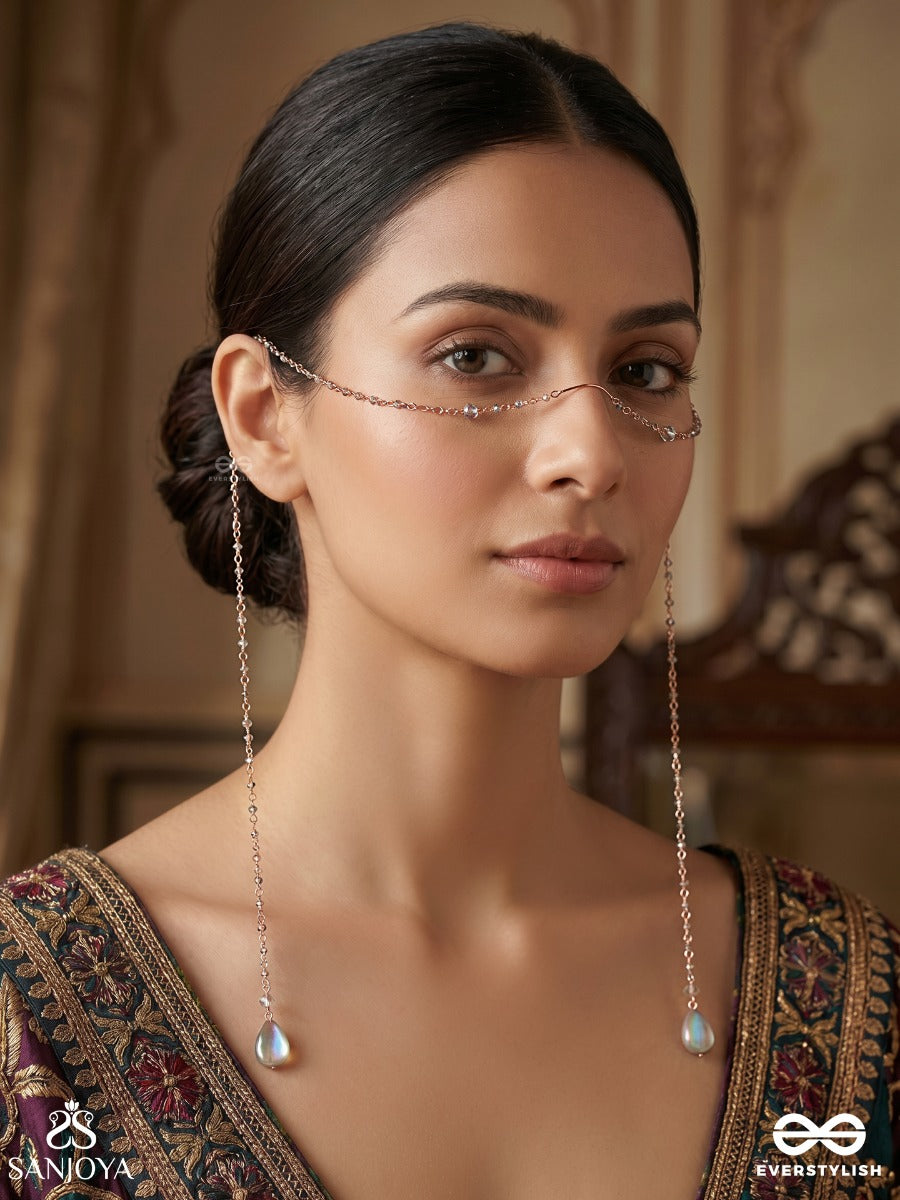 Neerrekha – Water Trace – Elegant Face Let With Slender Gold-Tone Chains, Aqua Teardrop Side Motifs And Delicate Bead Accents