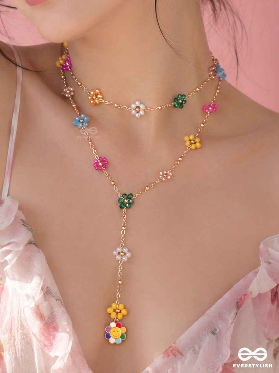 Bloom Carnival – Layered Gold-Tone Necklace With Multicolour Floral Accents