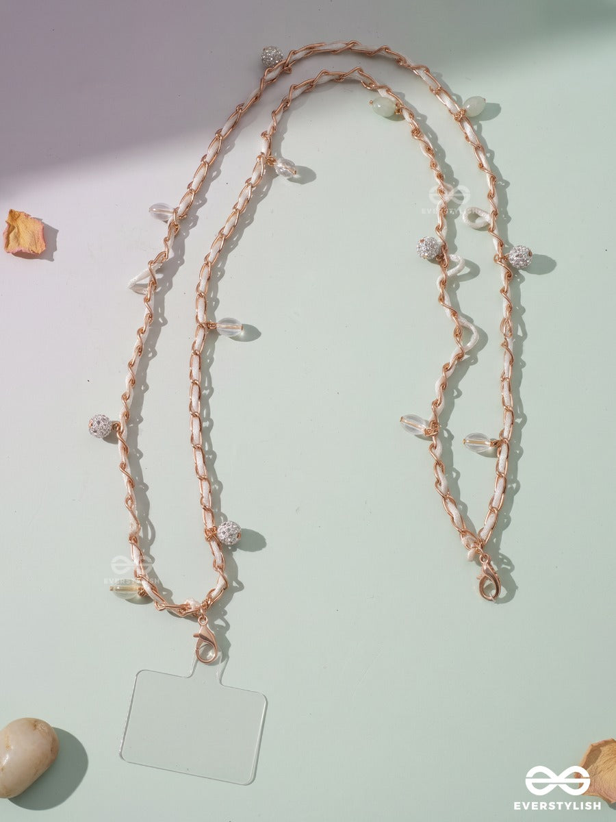 Pearl Whimsy – Gold Phone Sling With Pearls, Mint Beads And Crystal Charms
