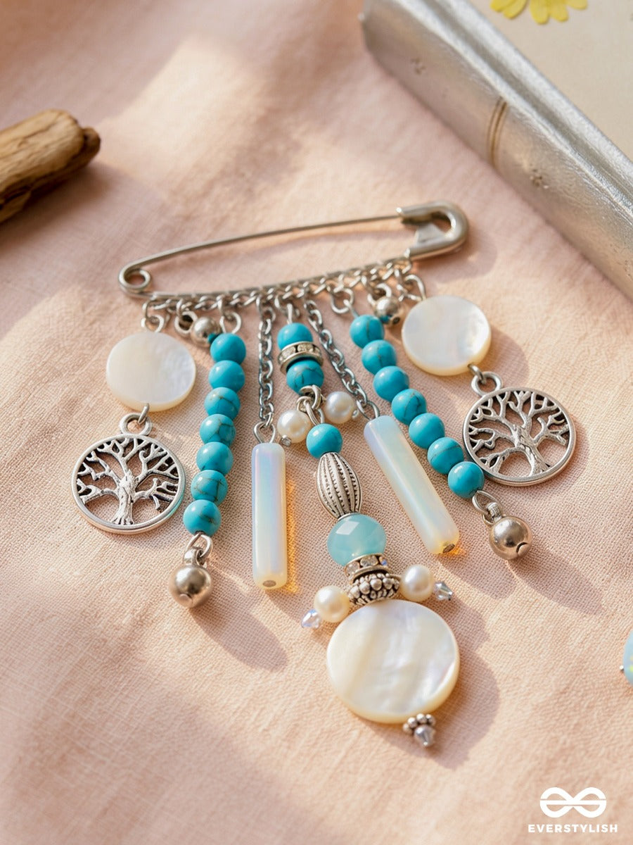 Ocean Roots – Silver-Tone Brooch Pin With Tree Of Life Charms And Turquoise Beads