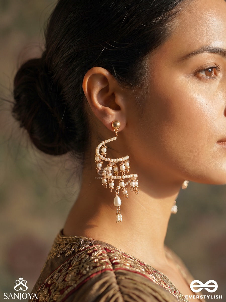 Sarangika – Melodious Beauty – Sculptural Earrings With Spiral Pearl Coils, Golden Accents And Lustrous Pearl Pendants