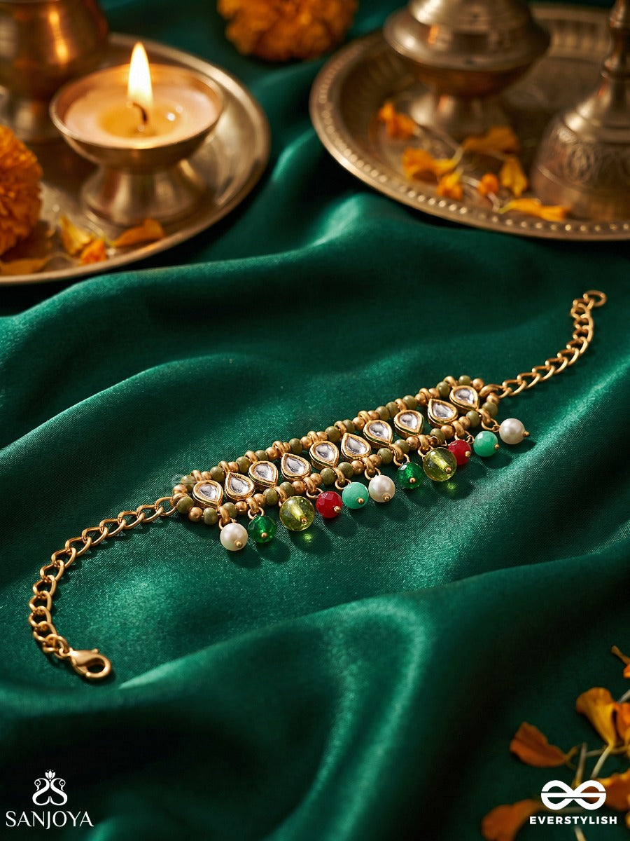 Rangjhilmil – Colourful Sparkle – Ornate Single Piece Bracelet With Stone-Studded Bar Detail, Delicate Gold-Tone Chainwork And Multi-Colour Bead Danglers