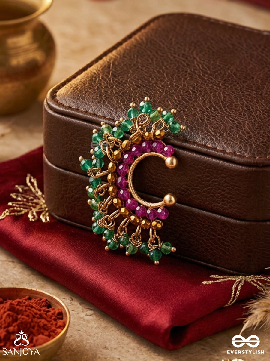 Chandrarangi – Coloured Moonlight – Ornate Single Earcuff With Pink Crescent Detail, Green Bead Accents And Delicate Gold-Tone Ornamental Work
