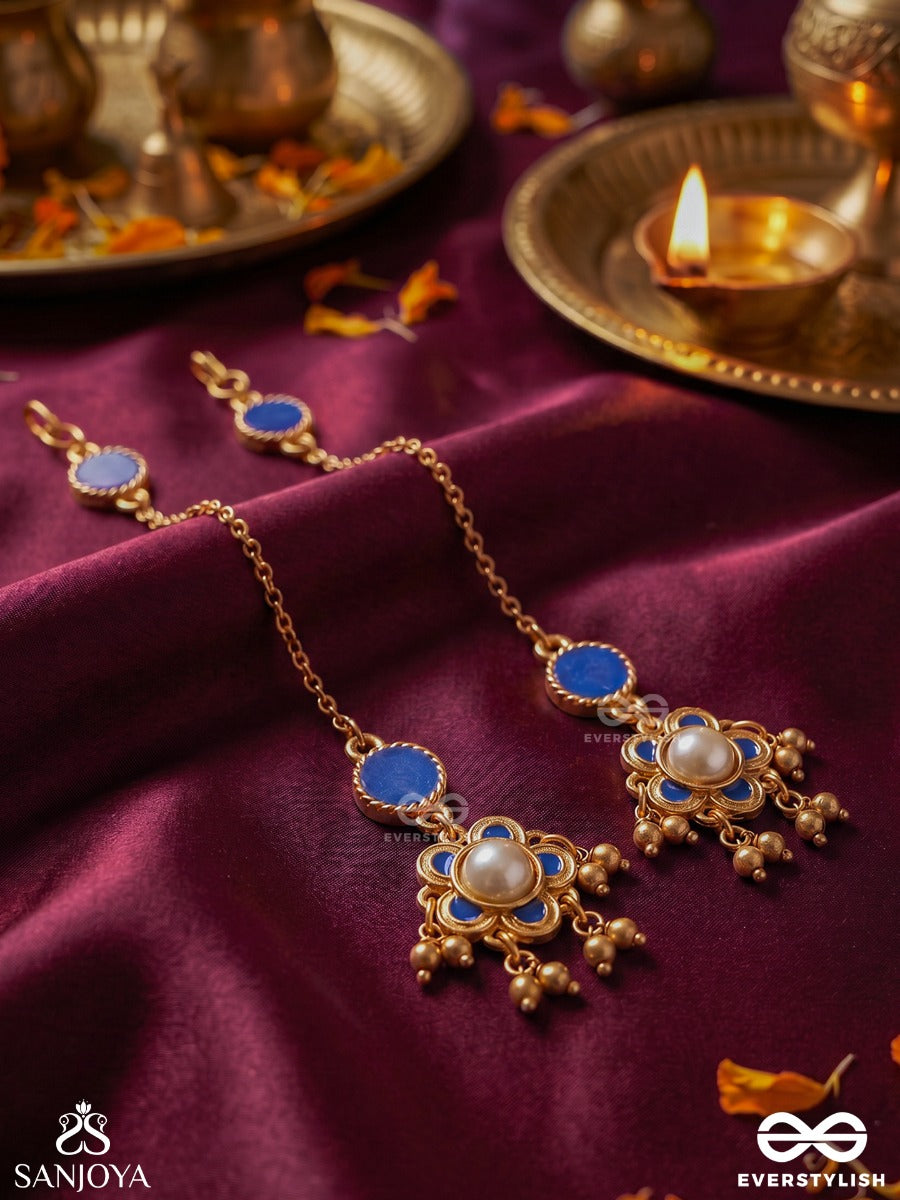 Jyotsnaa – Moonlight – Heritage Earrings With Sahara Ear Chain, Blue Enamel Disc And Pearl Ghungroo Drops
