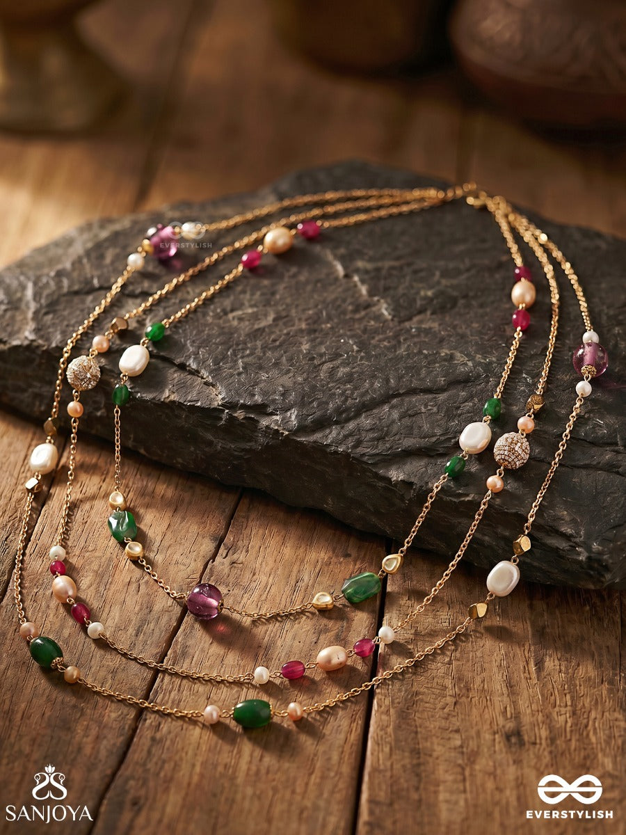 Nirantara – Everlasting – Elegant Layered Necklace With Multi-Colour Gemstones, Pearls And Floral Connectors