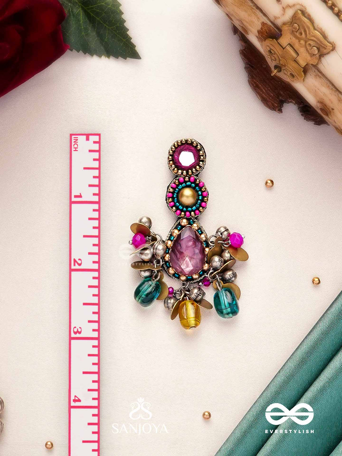Vashikrit - The Hypnotic Tiers - Mirror, Stones, Coins And Glass Drops Hand Embroidered Oxidised Earrings