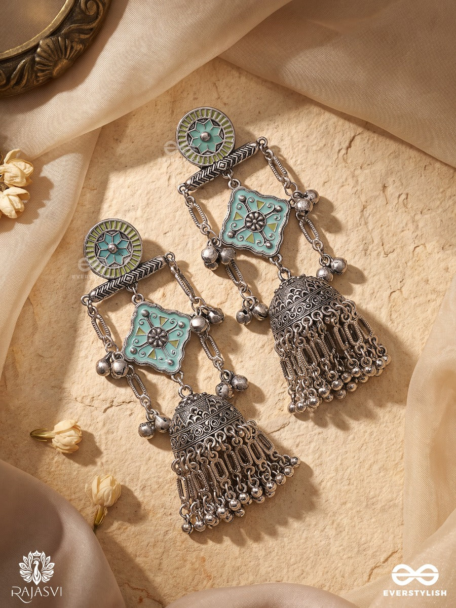 Firozmala – Oxidised Jhumka Earrings With Turquoise Enamel And Ornate Filigree