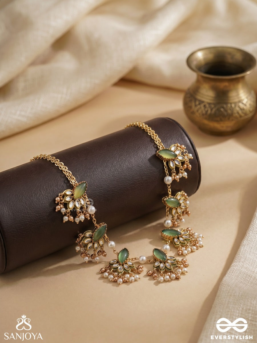 Kshamini - Graceful Lady- Slim Chain Design Kundan Neckpiece With Leaf Design