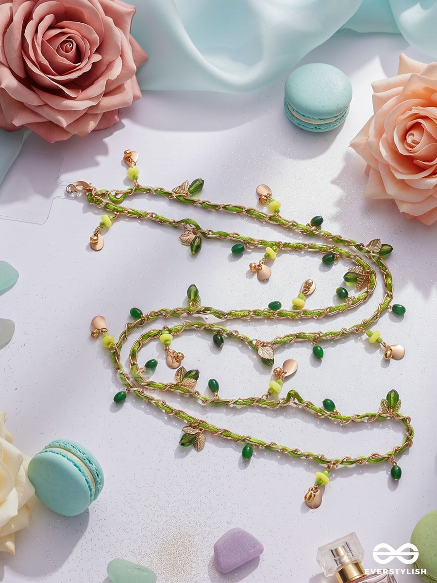 Emerald Vine – Braided Phone Sling With Leaf Charms, Green Beads And Pearl Drops