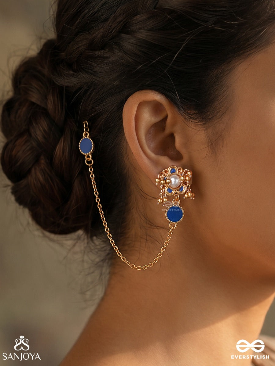 Jyotsnaa – Moonlight – Heritage Earrings With Sahara Ear Chain, Blue Enamel Disc And Pearl Ghungroo Drops