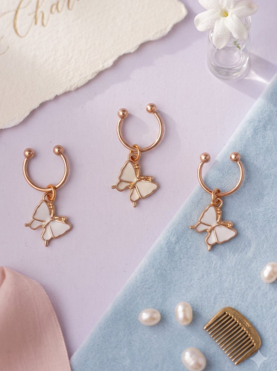 Snowfly – Gold-Tone Butterfly Hair Accessory Set Of 3 With White Enamel And Crystal Accents