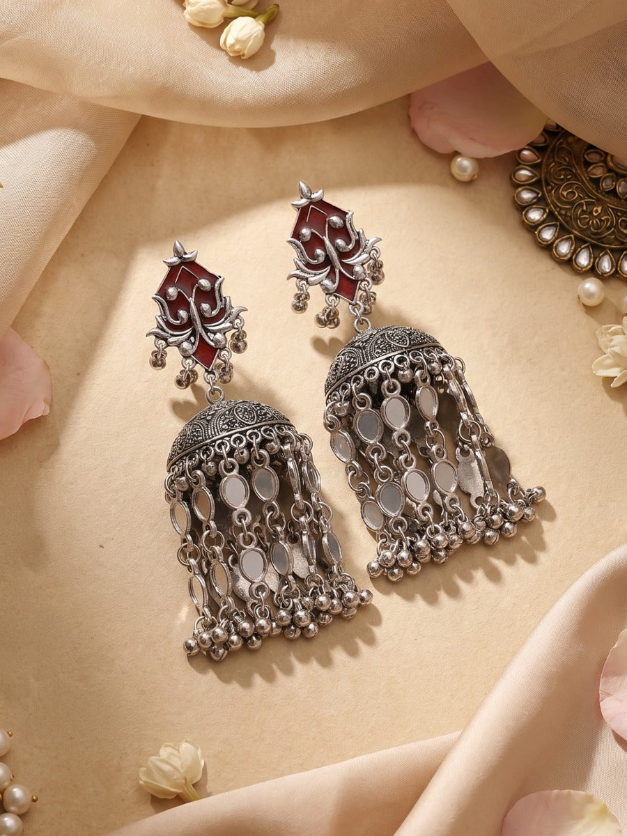 Tamrashree – Oxidised Tassel Earrings With Crimson Enamel Motifs, Coin Cascades And Ghungroo Details