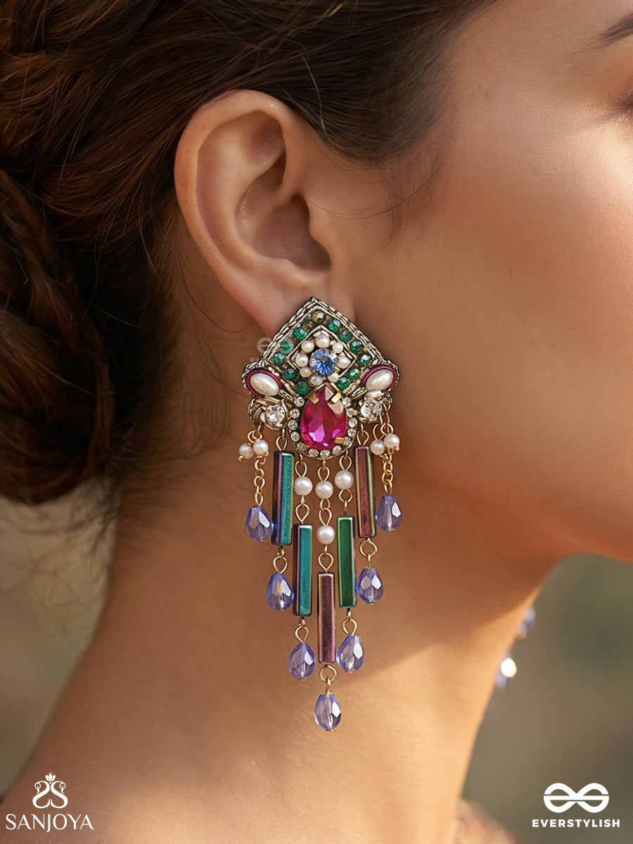 Aarnika – Radiant Bloom – Statement Earrings With Meenakari Motifs, Kundan Details And Blue Crystal Tassels