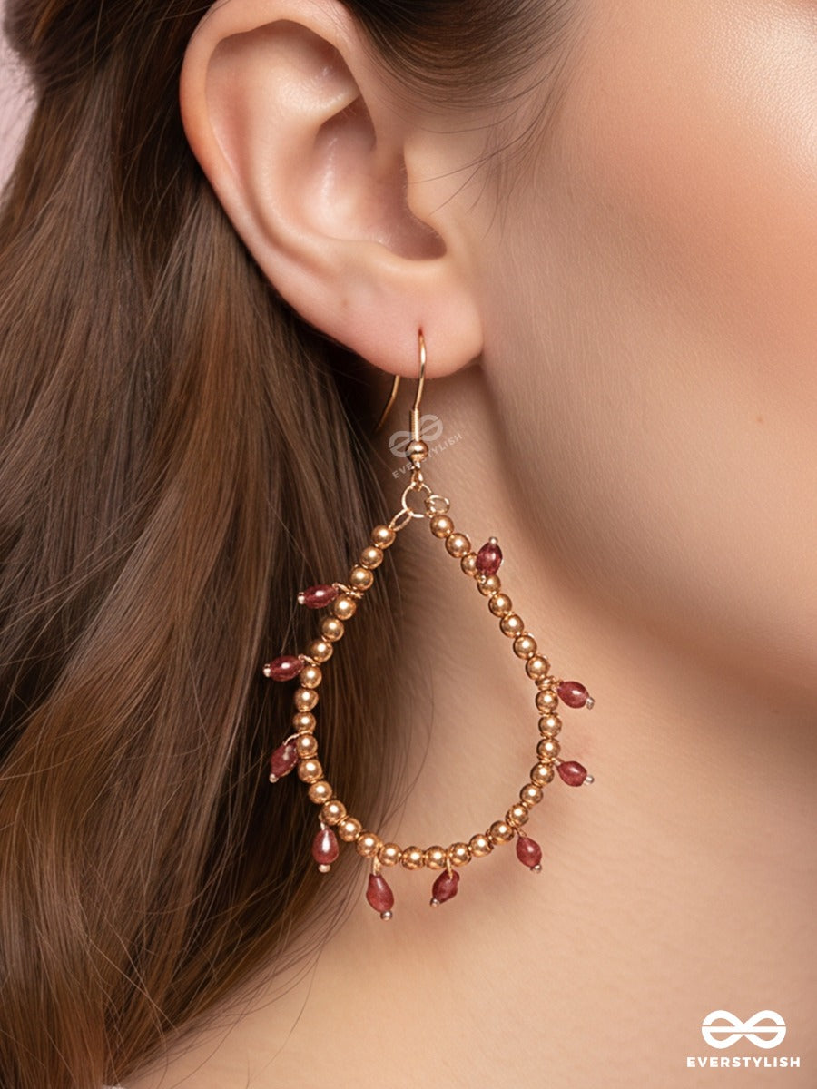 Crimson Twig – Gold Teardrop Hoop Earrings With Red Beads And Pearl Accents