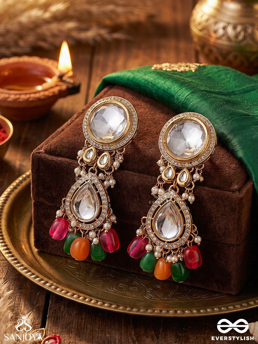 Madhuban – Honey Garden – Heritage Earrings With Mirror Kundan Motifs, Pearl Clusters, Vibrant Pink-Orange-Green Bead Drops And Ornate Golden Filigree