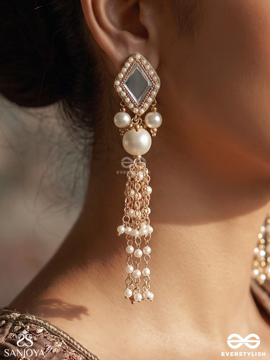 Ksheerangi – Ocean Of Pearls – Statement Earrings With Mirror-Cut Motifs, Lustrous Pearls And Cascading Pearl Tassels