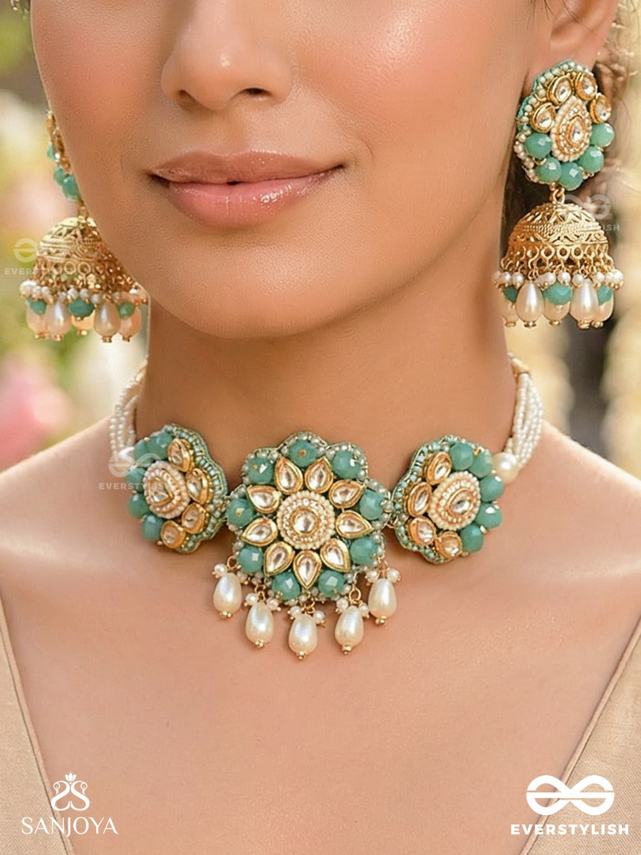 Maugdhya - The Treasured Innocence - Beads, Pearl Drops, Polki & Kundan Hancrafted Set With Choker Neckpiece And Earrings