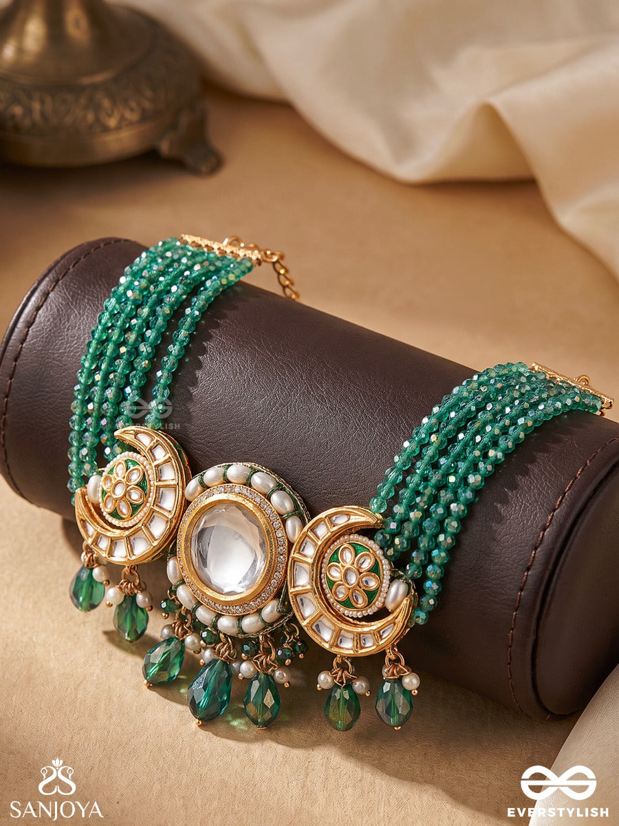 Harinika – Emerald Grace – Heritage Choker With Multi-Strand Green Beadwork, Mirror Kundan Floral Motif And Pearl Accents