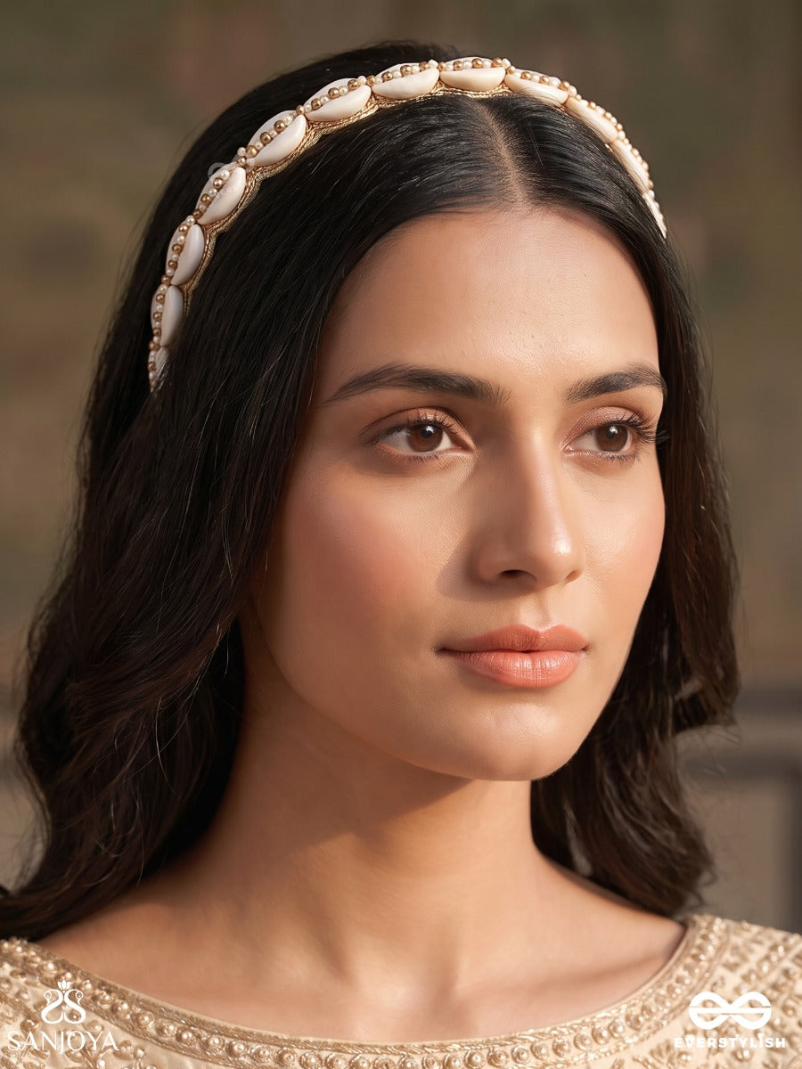Shrutakeerti – Famed For Virtue – Heritage Hair Band With Cowrie Shells, Pearl Edging And Golden Detailing