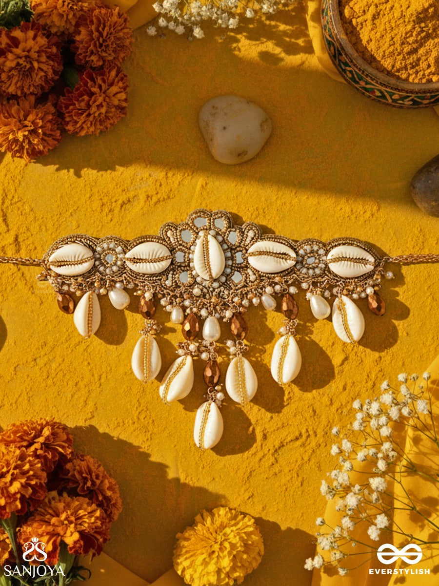 Lavana- The Coast Memoirs- Shells, Beads And Glass Drops Hand Embroidered Choker Neckpiece