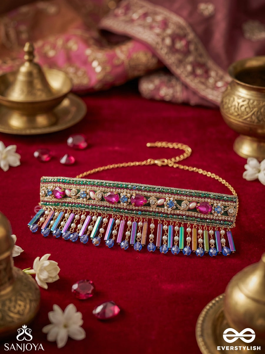 Samragyi – Empress – Heritage Choker With Multi-Colour Meenakari, Kundan Detailing And Dangling Crystal Fringes