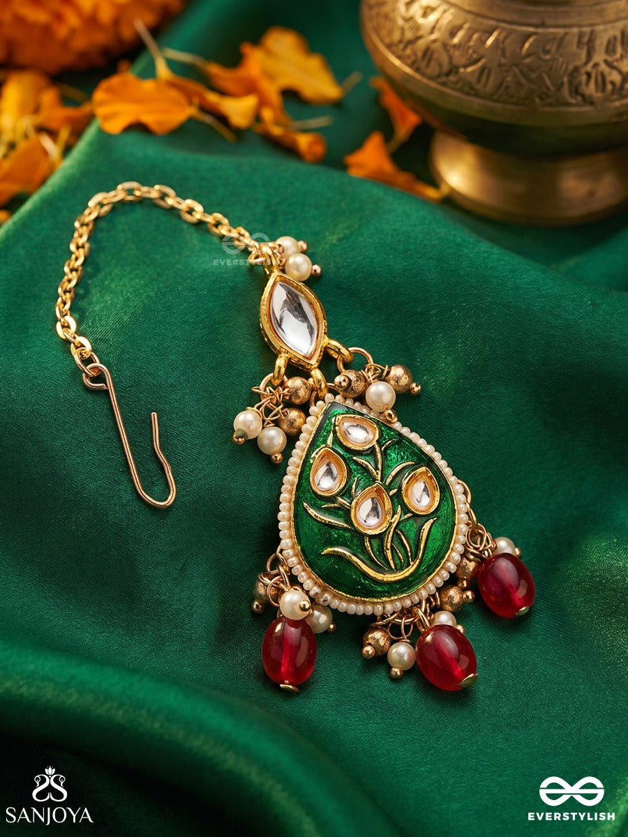 Sindurya - Scarlet Rays- Grand Crescent Enamel Kundan Maangtika With Pearls And Beads