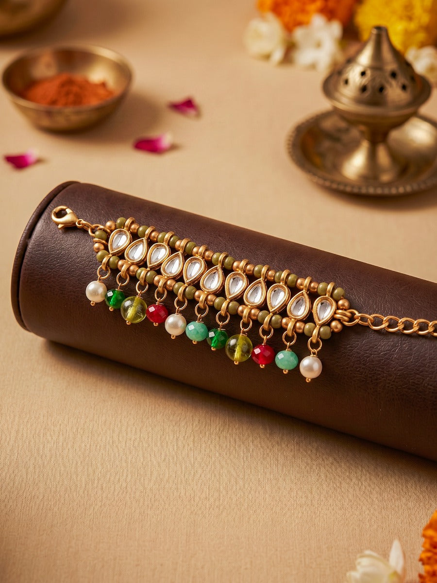 Rangjhilmil – Colourful Sparkle – Ornate Single Piece Bracelet With Stone-Studded Bar Detail, Delicate Gold-Tone Chainwork And Multi-Colour Bead Danglers