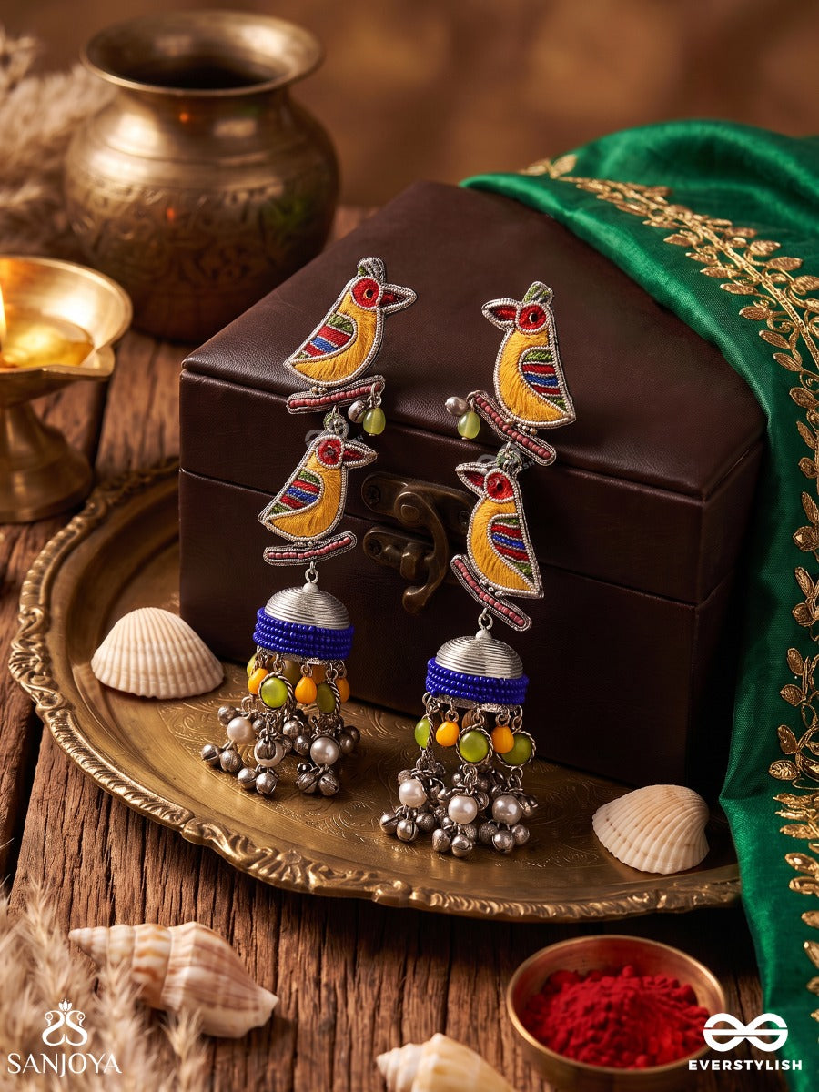 Chakli – Little Sparrow – Navratri Inspired Earrings With Colourful Bird Motifs, Thread-Wrapped Jhumkas, Vibrant Beads And Oxidised Ghungroos