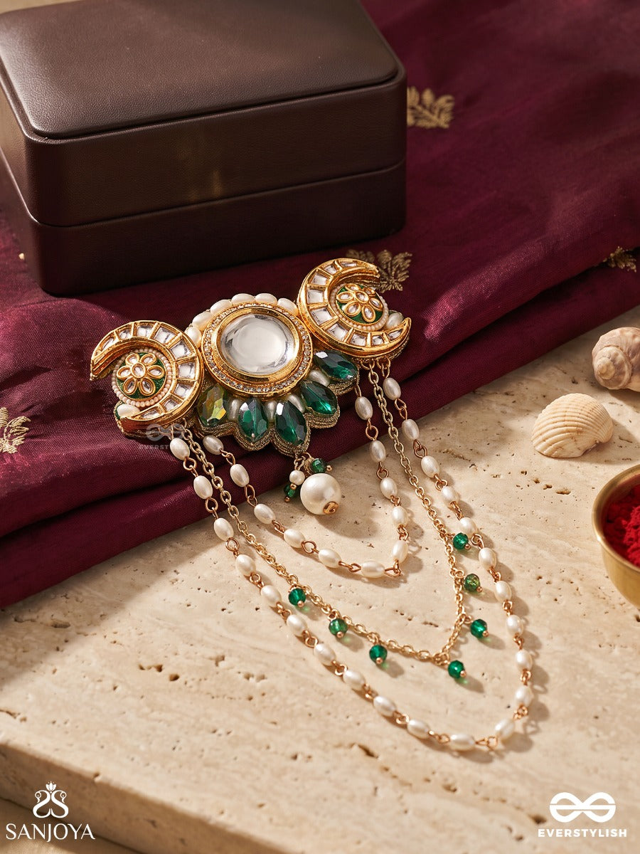 Ardhika – Little Crescent – Heritage Hair Accessory With Crescent Meenakari Motifs, Mirror Kundan Centre, Pearl Chains And Emerald Bead Accents