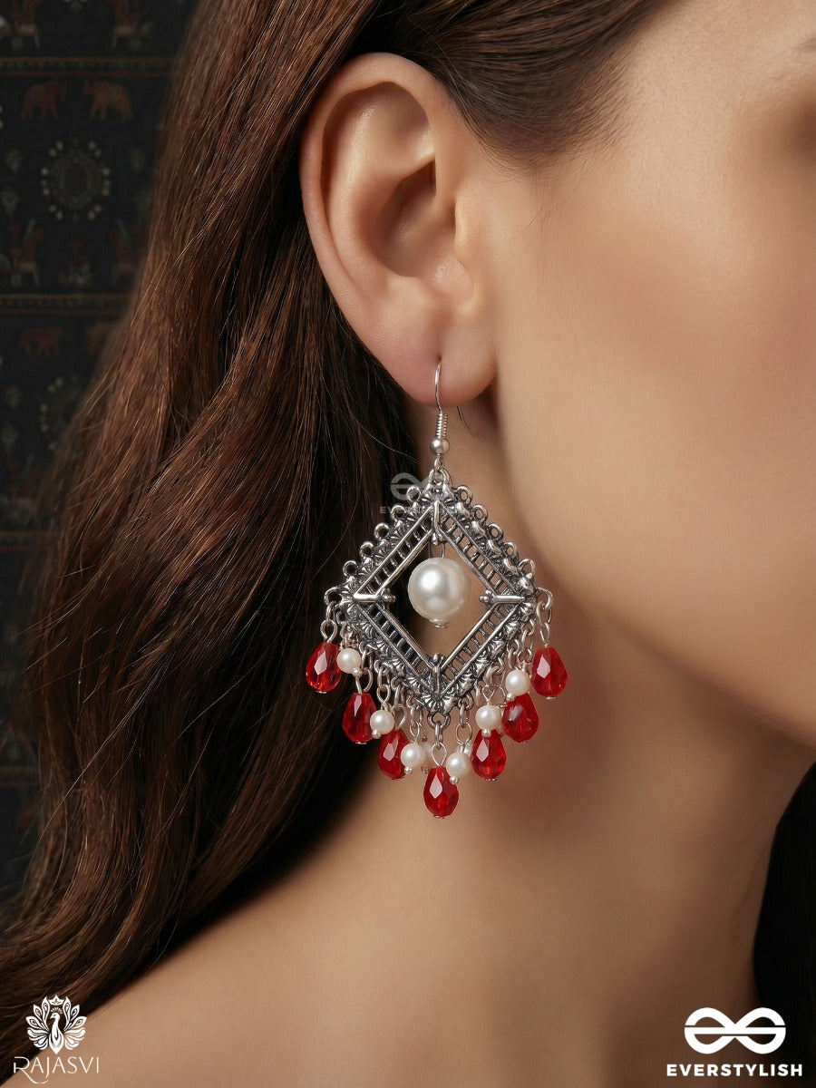 Sindurika – Oxidised Diamond Earrings With Pearl Centre And Ruby Red Bead Drops