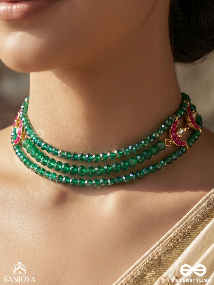 Parnashree – Leaf Of Splendour – Multi-Strand Choker With Emerald Beadwork, Enamel Crescent Motifs And Heritage Details